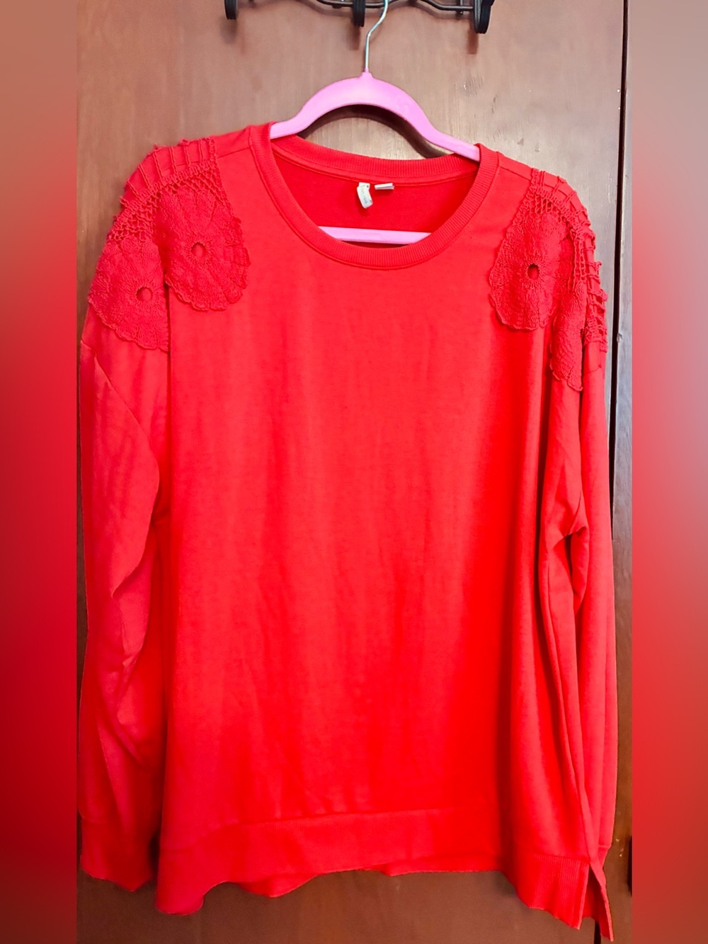 Cato Red Long Sleeve Tee with Crochet Shoulder Detail